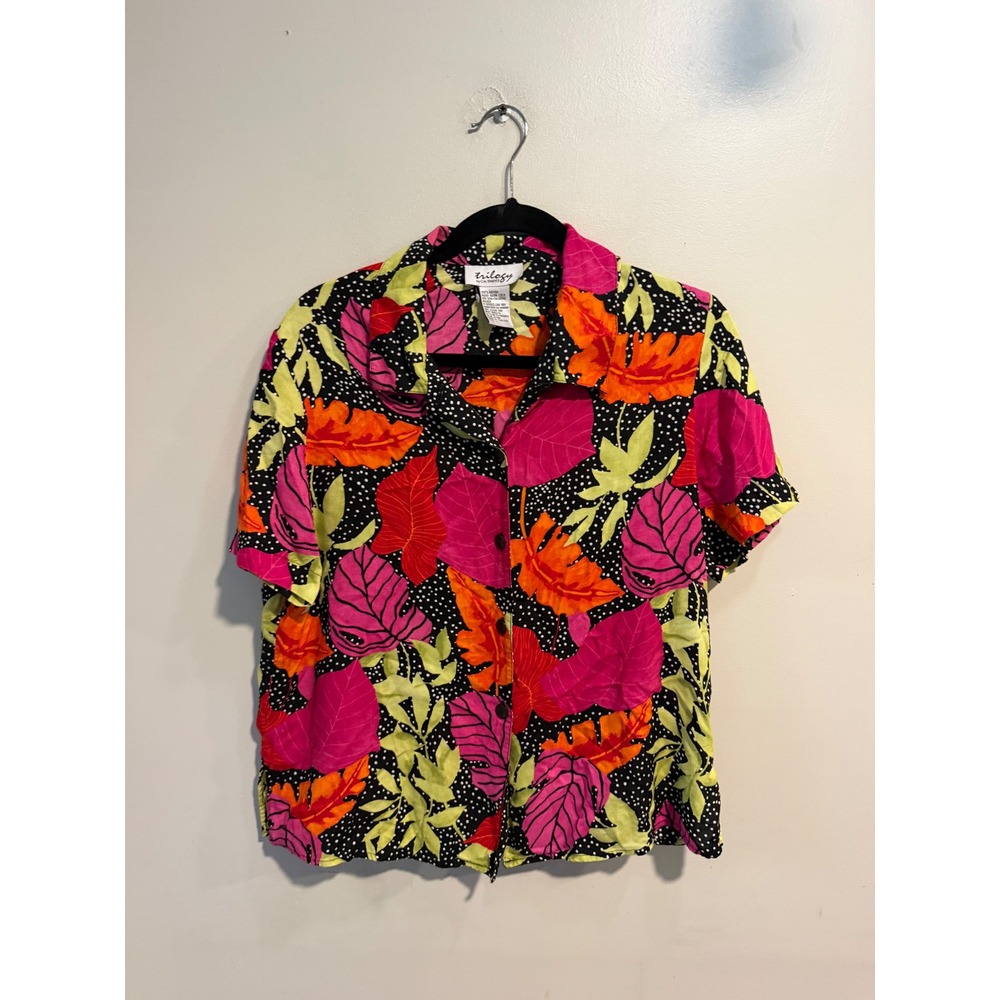 Trilogy by C.M. Shapes Women Pink Orange Tropical Polka Dot Rayon Shirt Size L
